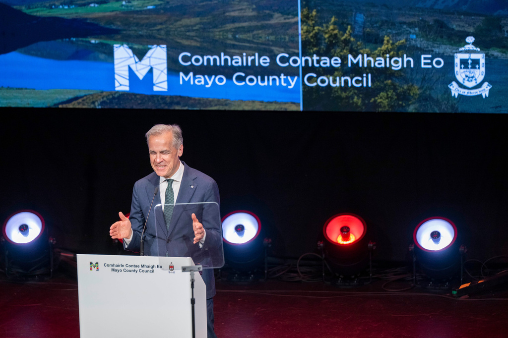 Canadian Prime Minister Mark Carney delivers a speech during his visit to Westport Town Hall Theatre in Westport, Ireland, Sunday, June 14, 2026. (Andrew Downes/PA via AP)