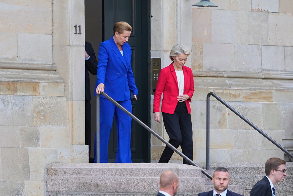 Denmark's Prime Minister Mette Frederiksen, left, and President of the European Commission, Ursula von der Leyen leave the Prime Minister's office in the Danish Parliament at Christiansborg Castle in Copenhagen, on Wednesday, Oct. 1, 2025. (Thomas Traasdahl/Ritzau Scanpix via AP)
