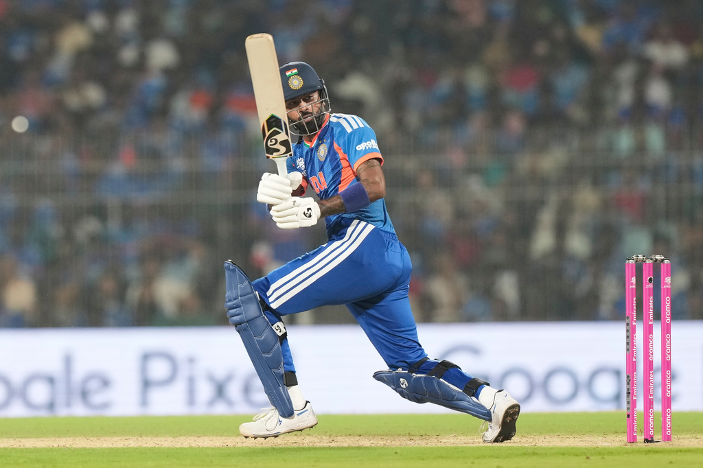 India's Hardik Pandya plays a shot during the T20 World Cup cricket match between India and Zimbabwe in Chennai, India, Thursday, Feb. 26, 2026. (AP Photo/Mahesh Kumar A.)