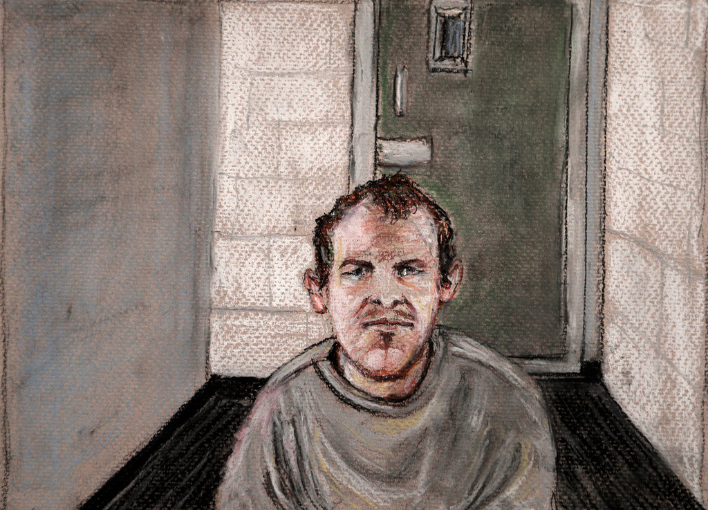 FILE - In this courtroom drawing Brenton Tarrant, the man convicted of killing 51 people at two Christchurch mosques, appears via video link at the Christchurch District Court, in Christchurch, New Zealand, June 14, 2019. (AP Photo/Stephanie McEwin, File)