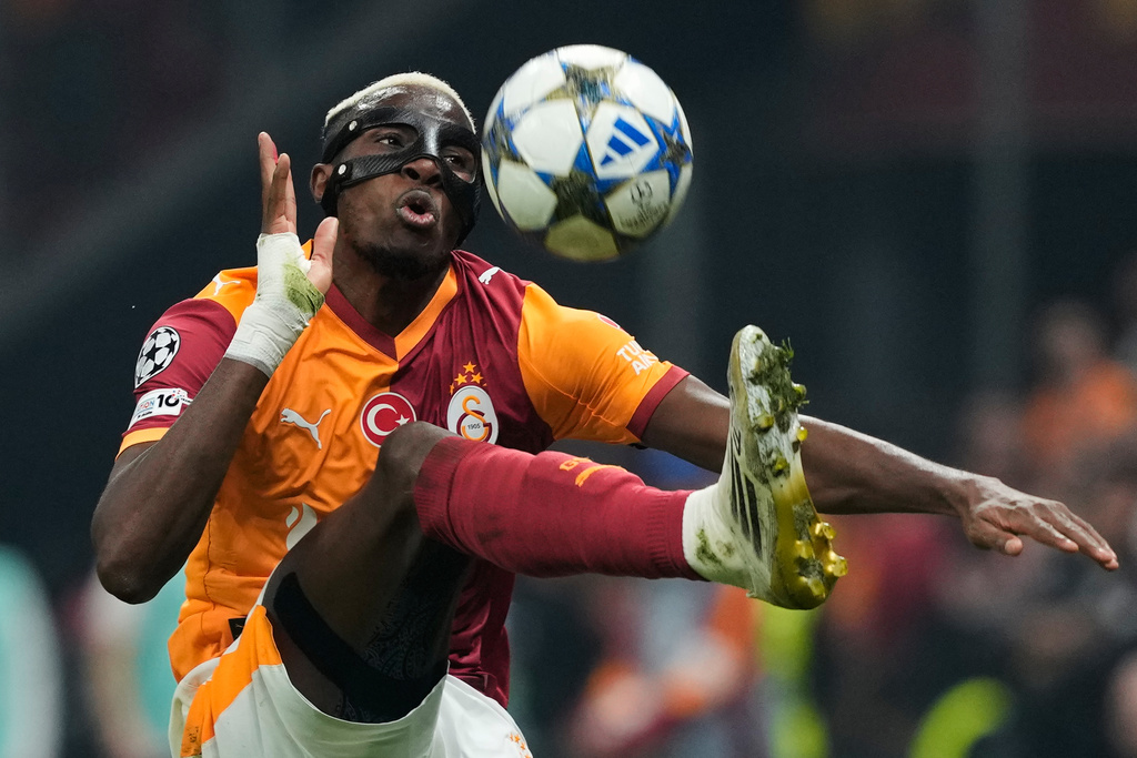Galatasaray's Victor Osimhen controls the ball during the Champions League opening phase soccer match between Galatasaray and Bodo Glimt, in Istanbul, Turkey, Wednesday, Oct. 22, 2025. (AP Photo/Khalil Hamra)