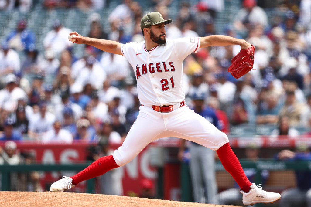 Los Angeles Angels pitcher Grayson Rodriguez throws to a Los Angeles Dodgers batter during the first inning of a baseball game, Sunday, May 17, 2026, in Anaheim, Calif. (AP Photo/Jessie Alcheh)
