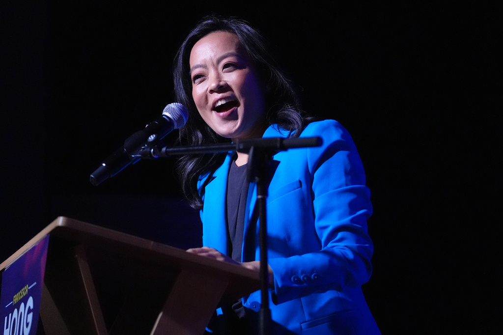 Democratic gubernatorial candidate Francesca Hong speaks during a primary election night watch party Tuesday, Aug. 11, 2026, in Madison, Wis. (AP Photo/Nam Y. Huh)