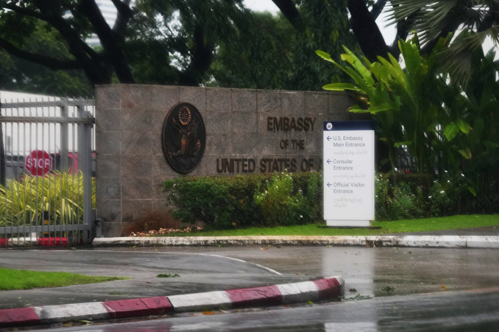 The entrance of the U.S. Embassy is seen in Yangon, Myanmar, Friday, June 12, 2026. (AP Photo)