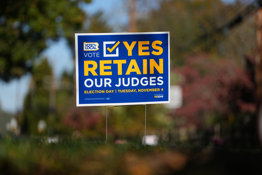 A sign is posted in support of retaining Pennsylvania Supreme Court justices in the November election, in Berwyn, Pa., Wednesday, Oct. 22, 2025. (AP Photo/Matt Rourke) A sign is posted in support of retaining Pennsylvania Supreme Court justices in the November election, in Berwyn, Pa., Wednesday, Oct. 22, 2025. (AP Photo/Matt Rourke)