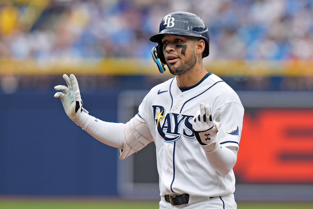 Tampa Bay Rays' Victor Mesa Jr. reacts after his RBI single off Los Angeles Angels pitcher Jack Kochanowicz during the third inning of a baseball game Sunday, May 31, 2026, in St. Petersburg, Fla. (AP Photo/Chris O'Meara)