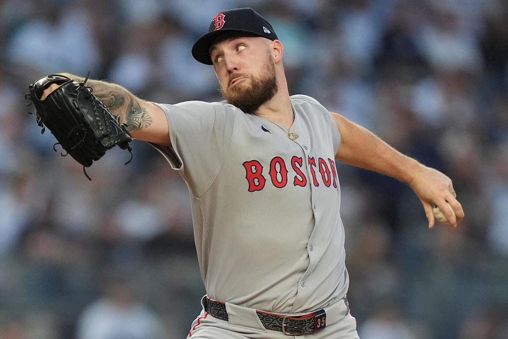 Boston Red Sox pitcher Garrett Crochet delivers against the New York Yankees during the first inning of Game 1 of an American League wild-card baseball playoff series, Tuesday, Sept. 30, 2025, in New York. (AP Photo/Frank Franklin II)