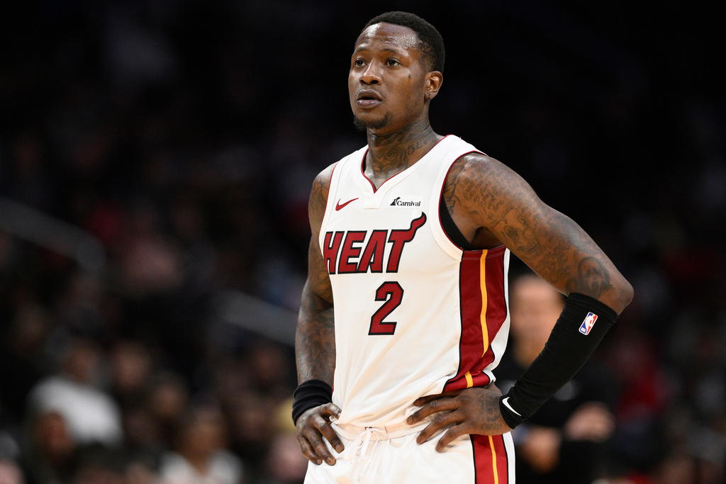 FILE - Miami Heat guard Terry Rozier (2) looks on during the second half of an NBA basketball game against the Washington Wizards, March 31, 2024, in Washington. (AP Photo/Nick Wass, File)