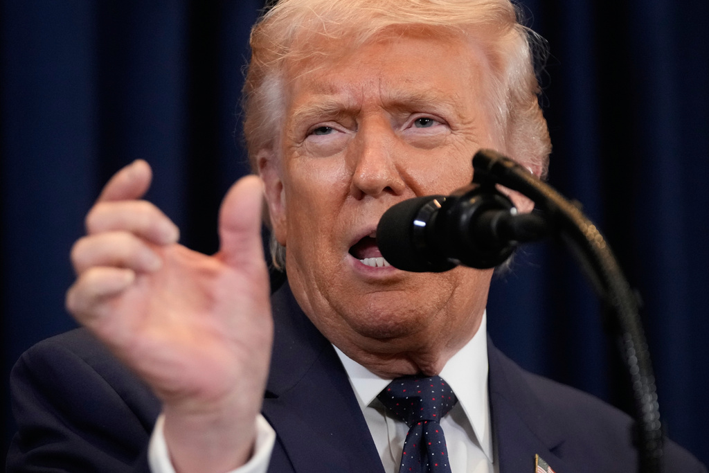 President Donald Trump speaks at a news conference, Monday, March 9, 2026, at Trump National Doral Miami in Doral, Fla. (AP Photo/Mark Schiefelbein)