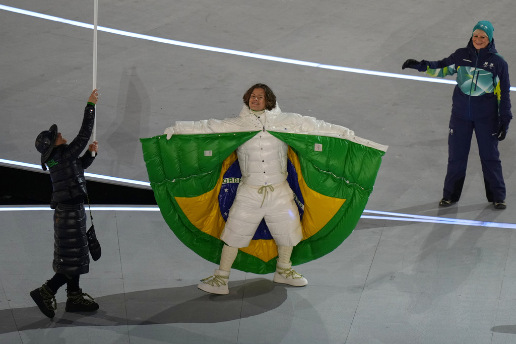 Lucas Pinheiro Braathen attends the Olympic opening ceremony at the 2026 Winter Olympics, in Milan, Italy, Friday, Feb. 6, 2026. (AP Photo/Stephanie Scarbrough)