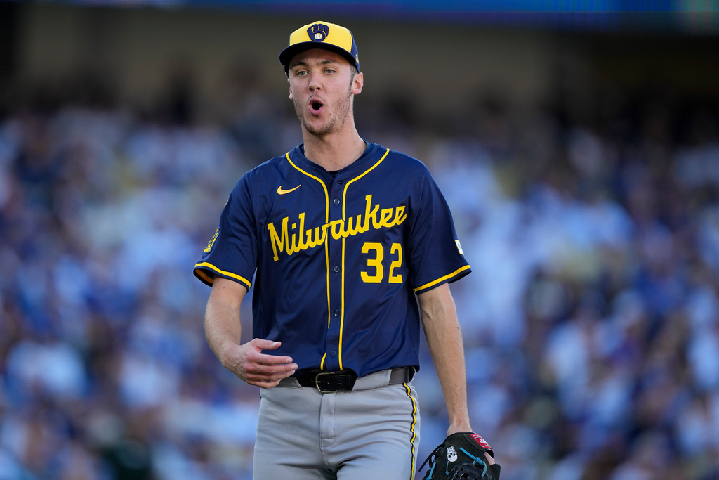 Milwaukee Brewers pitcher Jacob Misiorowski celebrates the end of third inning in Game 3 of baseball's National League Championship Series against the Los Angeles Dodgers, Thursday, Oct. 16, 2025, in Los Angeles. (AP Photo/Brynn Anderson)