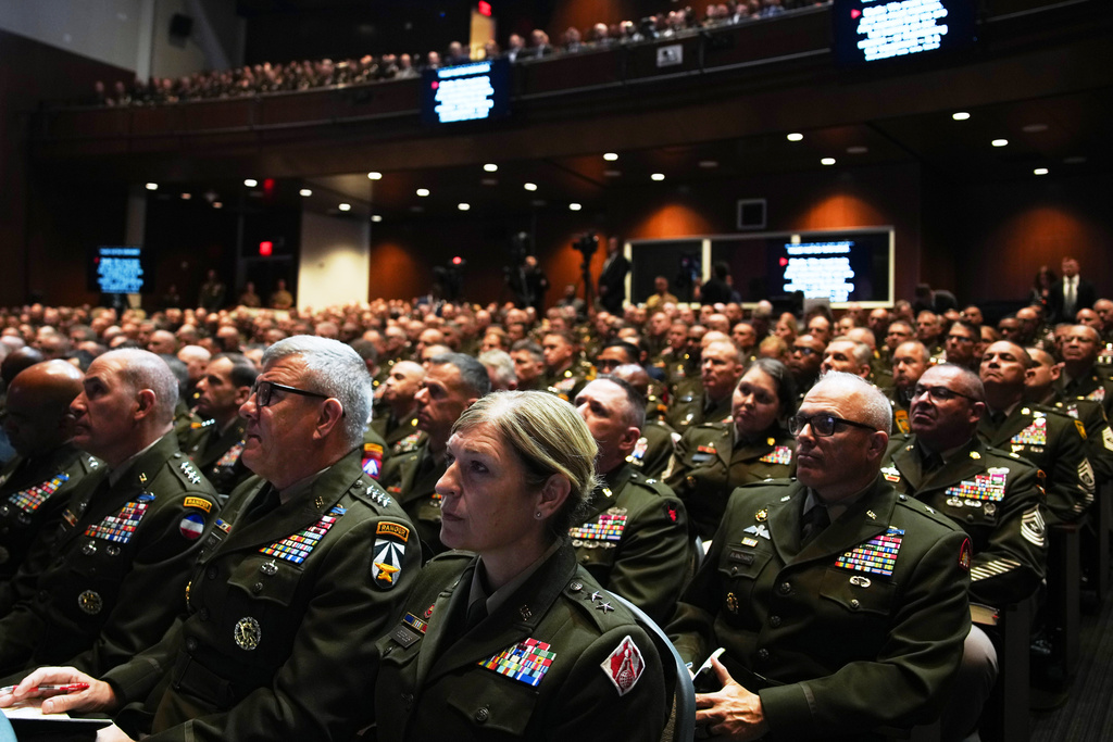 U.S. military senior leadership listen as President Donald Trump speaks at Marine Corps Base Quantico, Tuesday, Sept. 30, 2025 in Quantico, Va. (Andrew Harnik/Pool via AP)