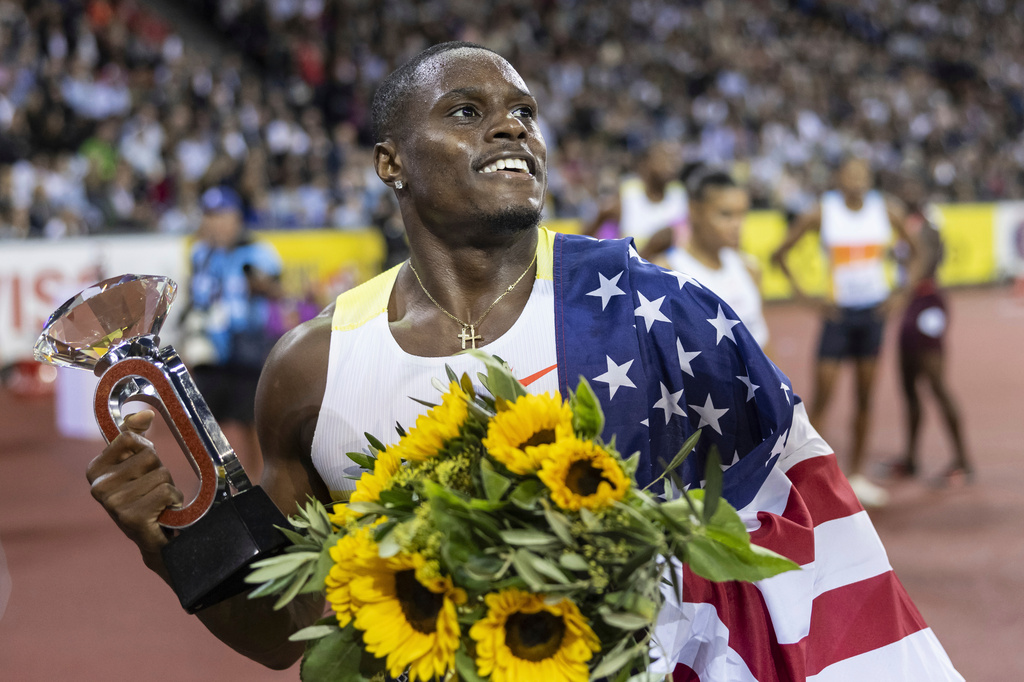 FILE - Christian Coleman of United States celebrates winning the men's 100m competition during the World Athletics Diamond League final 2025 athletics meeting in Zurich, Switzerland, Thursday, Aug. 28, 2025. (Michael Buholzer/Keystone via AP, File)