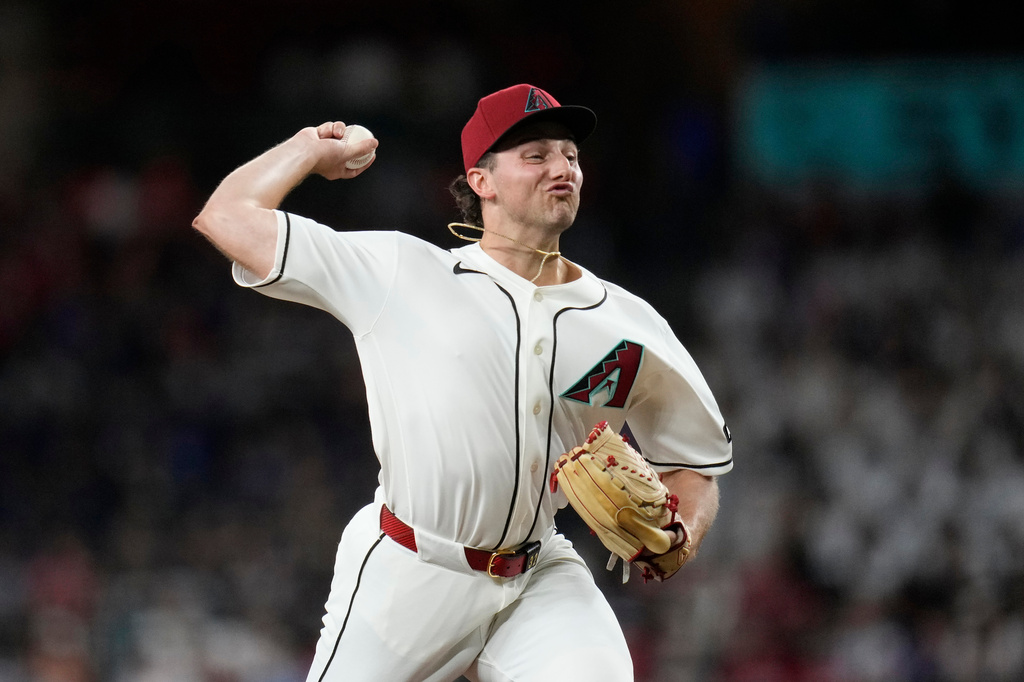 Arizona Diamondbacks starting pitcher Brandon Pfaadt throws against the Philadelphia Phillies during the first inning of a baseball game, Monday, Aug. 31, 2026, in Phoenix. (AP Photo/Ross D. Franklin)