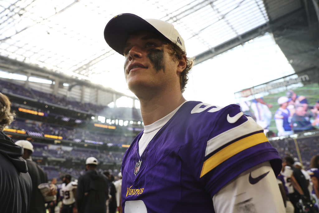 Minnesota Vikings quarterback J.J. McCarthy leaves the field after an NFL preseason football game against the Houston Texans, Saturday, Aug. 9, 2025, in Minneapolis. (AP Photo/Matt Krohn)