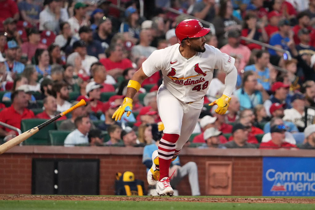 St. Louis Cardinals designated hitter Ivan Herrera watches his three-run double during the fourth inning of a baseball game against Milwaukee Brewers Monday, May 4, 2026, in St. Louis. (AP Photo/Jeff Roberson)