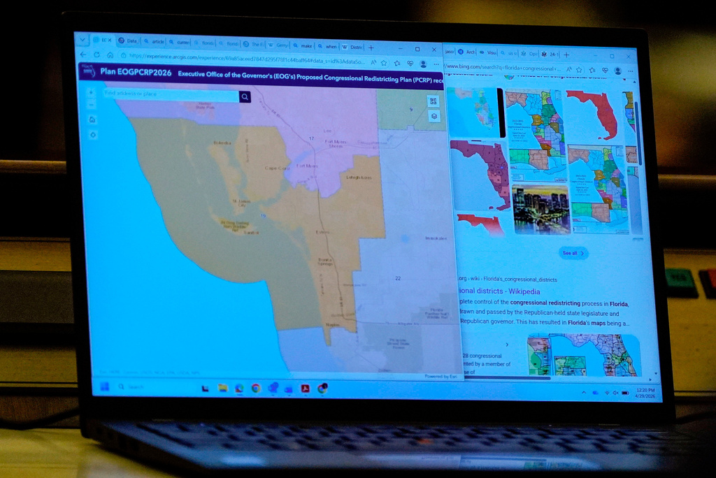 FILE - A state Senator's laptop displays a proposed Congressional Redistricting Plan during debate on SB 8-D, a redistricting bill, during a special session of the Florida Legislature, April 29, 2026, in Tallahassee, Fla. (AP Photo/Mike Stewart, File)