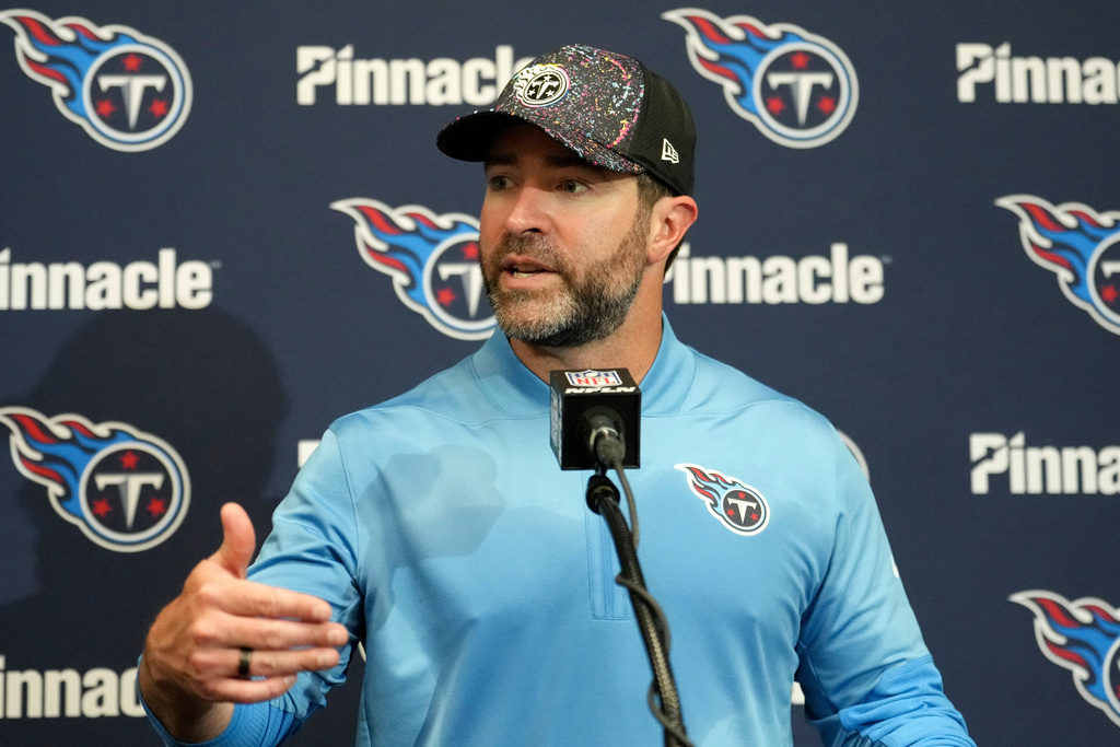 Tennessee Titans head coach Brian Callahan talks during a news conference after an NFL football game against the Arizona Cardinals Sunday, Oct. 5, 2025, in Glendale, Ariz. (AP Photo/Ross D. Franklin)
