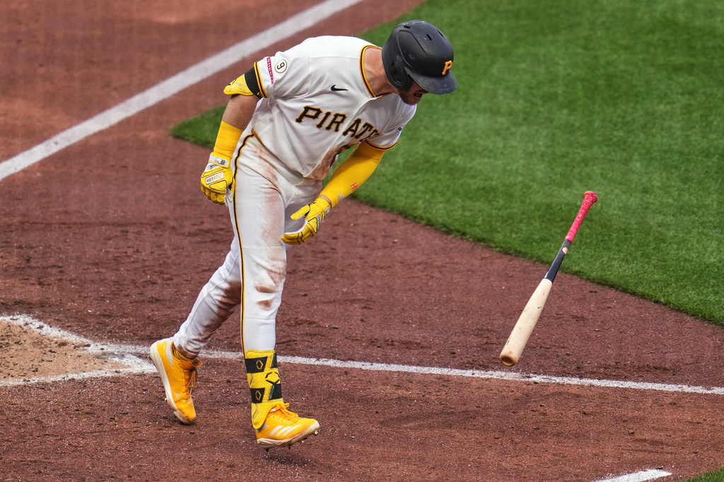 Pittsburgh Pirates' Ryan O'Hearn throws down his bat after flying out against Baltimore Orioles pitcher Shane Baz to end the fifth inning of a baseball game in Pittsburgh, Saturday, April 4, 2026. (AP Photo/Gene J. Puskar)