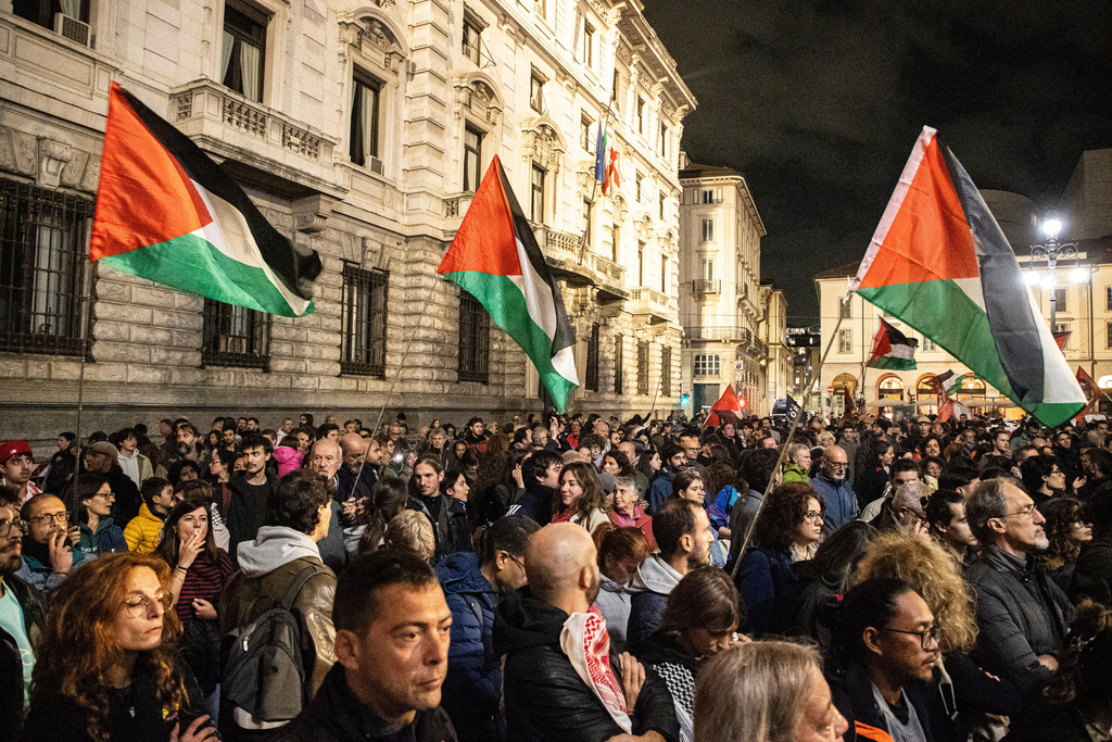 People demonstrate in solidarity with the Global Sumud Flotilla on Wednesday, Oct. 1, 2025, in Milan, Italy, after ships were intercepted by the Israeli navy. (Marco Ottico/LaPresse via AP)