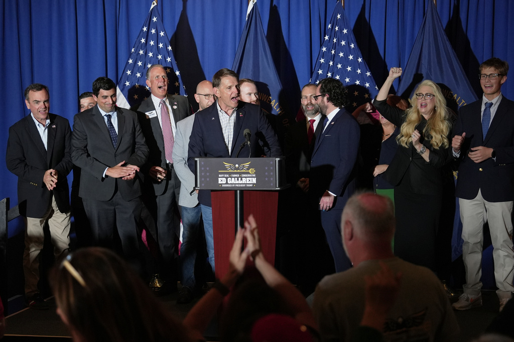 Republican congressional candidate Ed Gallrein speaks after winning the Republican party's nomination during an election night event Tuesday, May 19, 2026, in Covington, Ky. (AP Photo/Joshua A. Bickel)