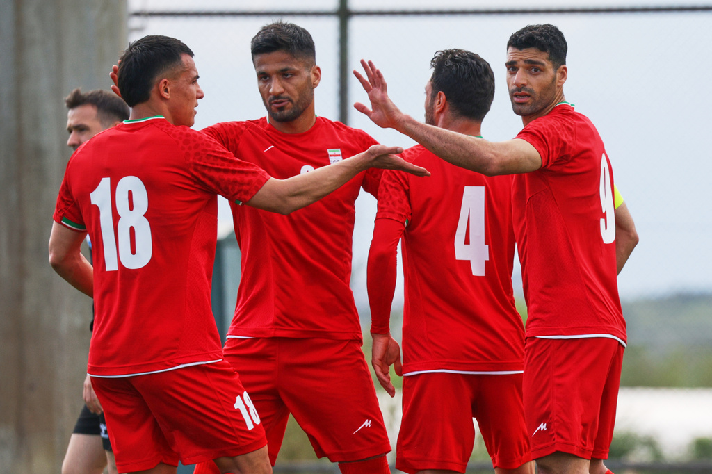 Iran's Mehdi Taremi, right, celebrates with teammates after scoring their side's second goal during a friendly soccer match between Iran and Costa Rica, in Antalya, southern Turkey, Tuesday, March 31, 2026. (AP Photo/Riza Ozel)