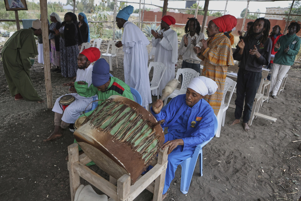 Members of the Ethiopia Africa Black International Congress Church of Salvation attend a church service in Kamulu, Nairobi, Kenya, Wednesday, July 23, 2025. (AP Photo/Andrew Kasuku)