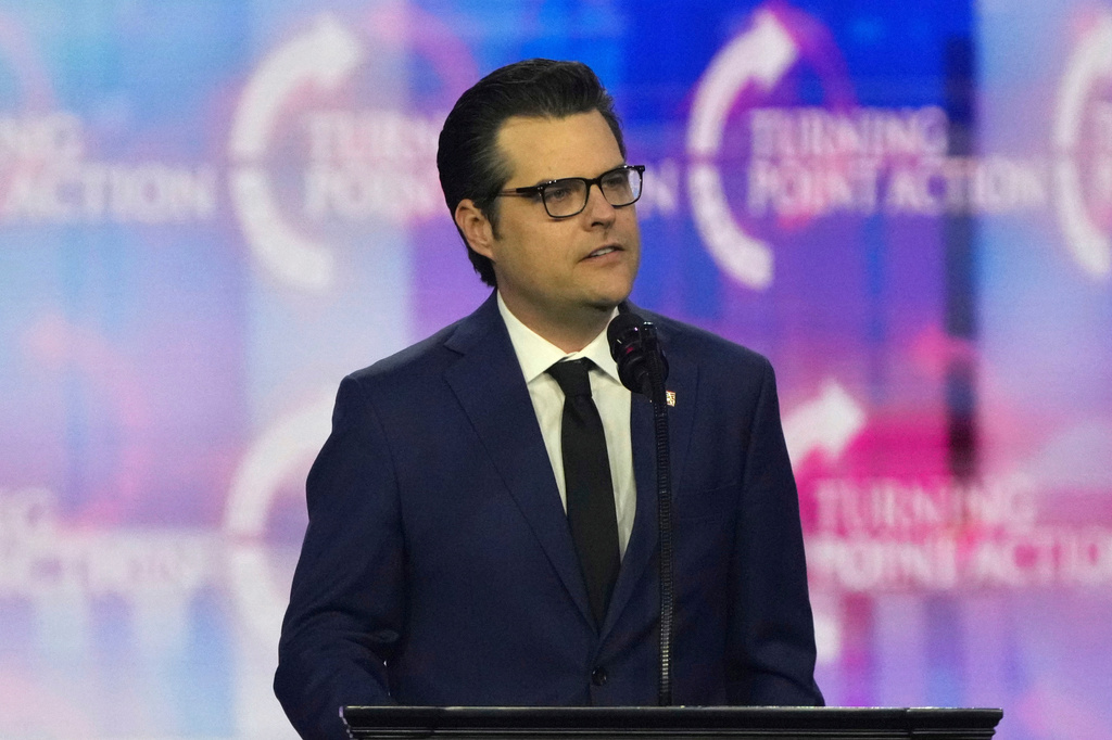 FILE - Former Rep. Matt Gaetz, R- Fla. speaks at AmericaFest, Dec. 22, 2024, in Phoenix. (AP Photo/Rick Scuteri, File)