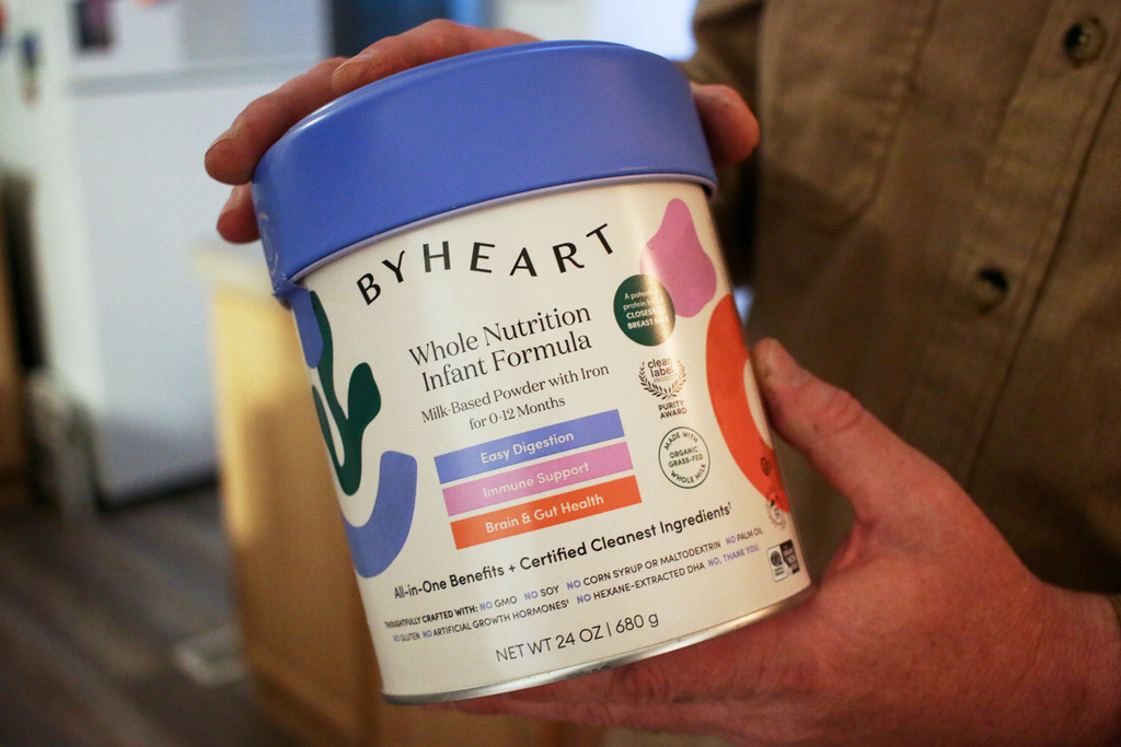 FILE - A container of ByHeart baby formula, which was recently recalled by ByHeart, in Flagstaff, Ariz., on Wednesday, Nov. 12, 2025. (AP Photo/Cheyanne Mumphrey, File)