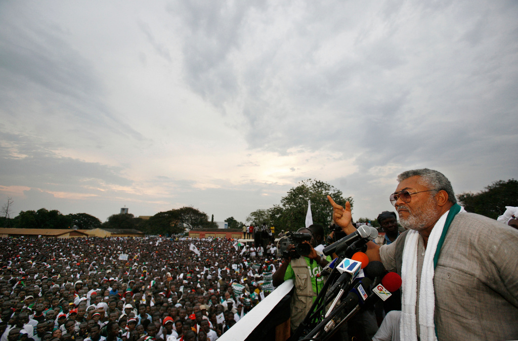FILE - Former Ghanaian President Jerry Rawlings speaks at the final campaign rally for opposition presidential candidate John Atta Mills, in Tema, Ghana., Dec. 5, 2008. (AP Photo/Rebecca Blackwell, File)