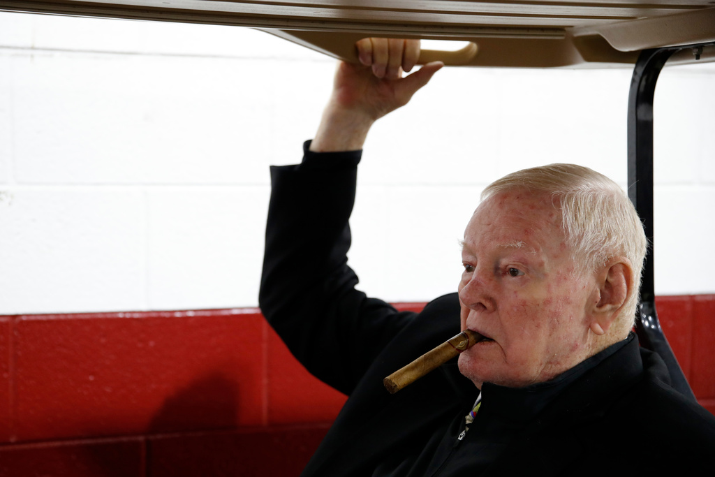 FILE - Former Washington Redskins quarterback Sonny Jurgensen sits in a golf cart in a tunnel before an NFL football game between the Redskins and the San Francisco 49ers, Sunday, Oct. 20, 2019, in Landover, Md. (AP Photo/Alex Brandon, File)