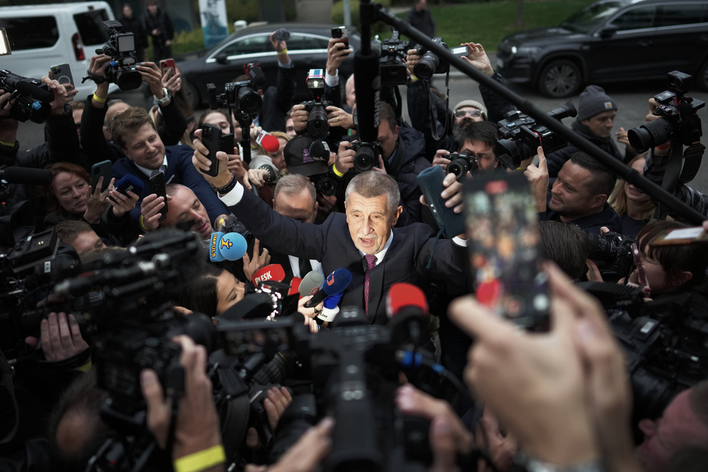 Chairman of opposition "ANO" (YES) movement Andrej Babis arrives at his election headquarters after most of the votes were counted in the parliamentary elections in Prague, Czech Republic, Saturday, Oct. 4, 2025. (AP Photo/Petr David Josek)
