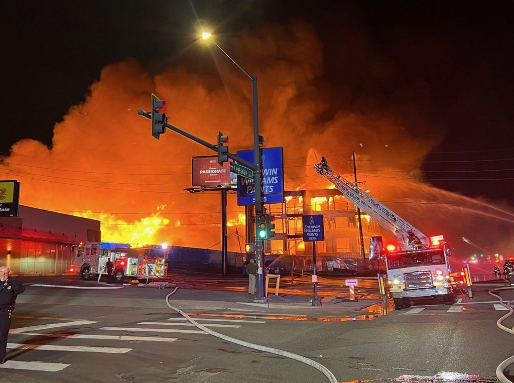 This photo provided by The Denver Fire Department shows a large blaze in Denver, Friday evening, Jan. 2, 2026. (The Denver Fire Department via AP)