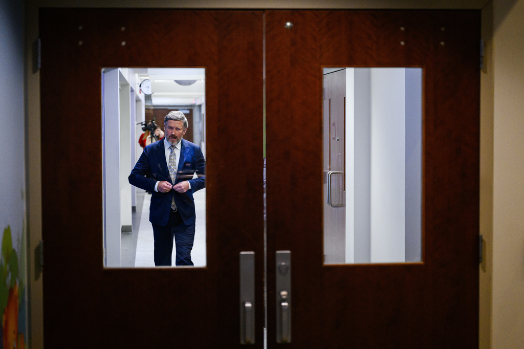 Rep. Thomas Massie, R-KY, exits the studio after a Kentucky Educational Television (KET) debate, Monday, May 4, 2026, in Lexington, Ky. (AP Photo/Jon Cherry)