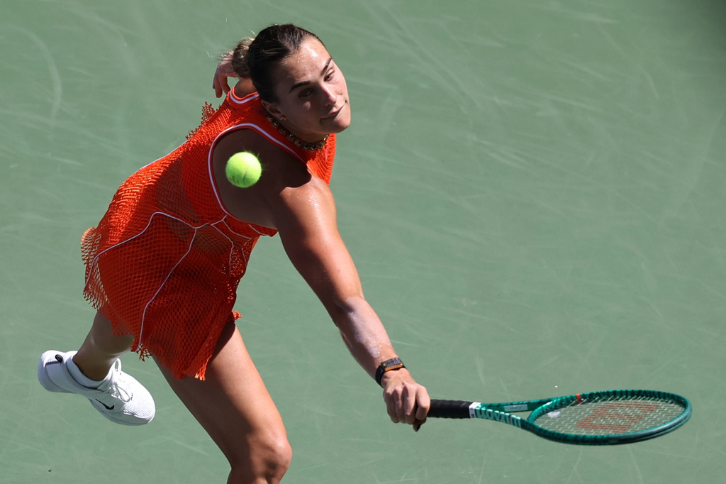 Aryna Sabalenka, of Belarus, returns the ball to Kamilla Rakhimova, of Uzbekistan, during the third round of the U.S. Open tennis championships Friday, Sept. 4, 2026, in New York. (AP Photo/Heather Khalifa)