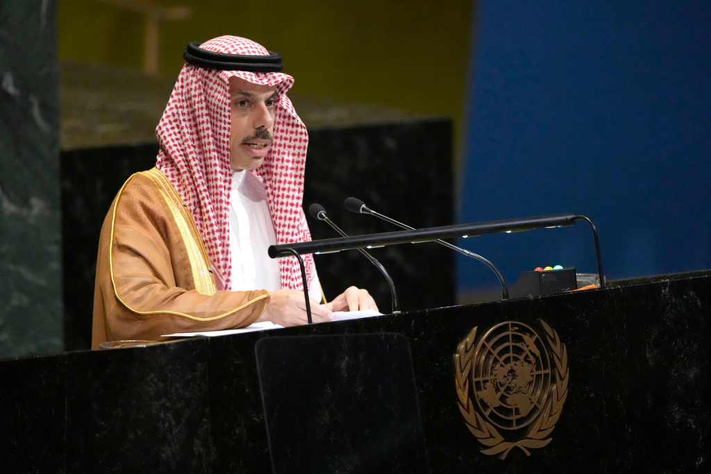 Minister for Foreign Affairs of Saudi Arabia Prince Faisal bin Farhan addresses the 80th session of the United Nations General Assembly, Saturday, Sept. 27, 2025, at U.N. headquarters. (AP Photo/Pamela Smith)