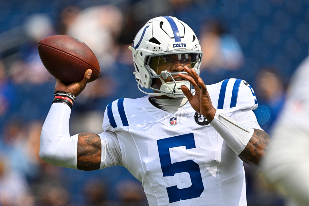 FILE - Indianapolis Colts quarterback Anthony Richardson (5) throws before the start of an NFL football game against the Tennessee Titans on Sept. 21, 2025, in Nashville, Tenn. (AP Photo/John Amis, File)