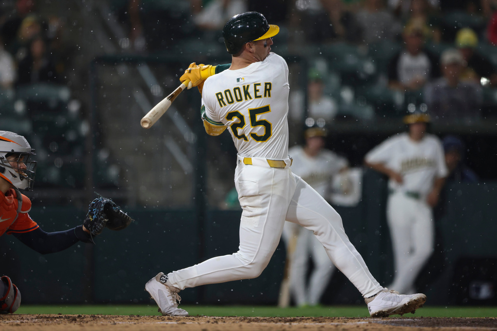 Athletics' Brent Rooker hits an RBI single during the fifth inning of a baseball game against the Houston Astros Wednesday, Sept. 24, 2025, in West Sacramento, Calif. (AP Photo/Scott Marshall)