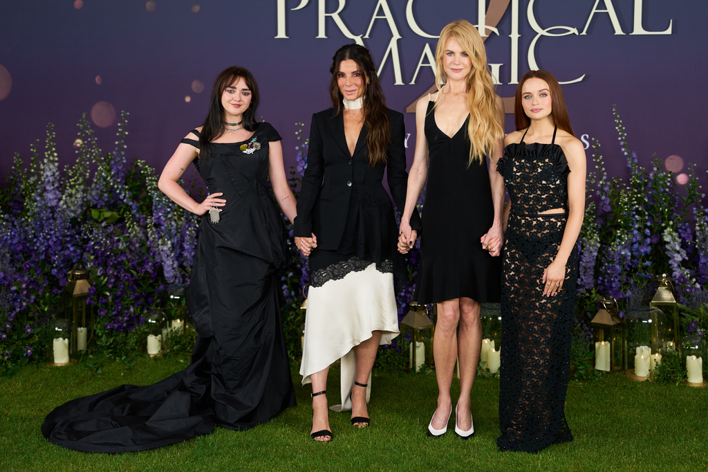 From left, Maisie Williams, Sandra Bullock, Nicole Kidman and Joey King pose for photographers upon arrival at the photo call for the film 'Practical Magic 2' on Thursday, Aug. 27, 2026, in London. (Photo by Scott A Garfitt/Invision/AP)