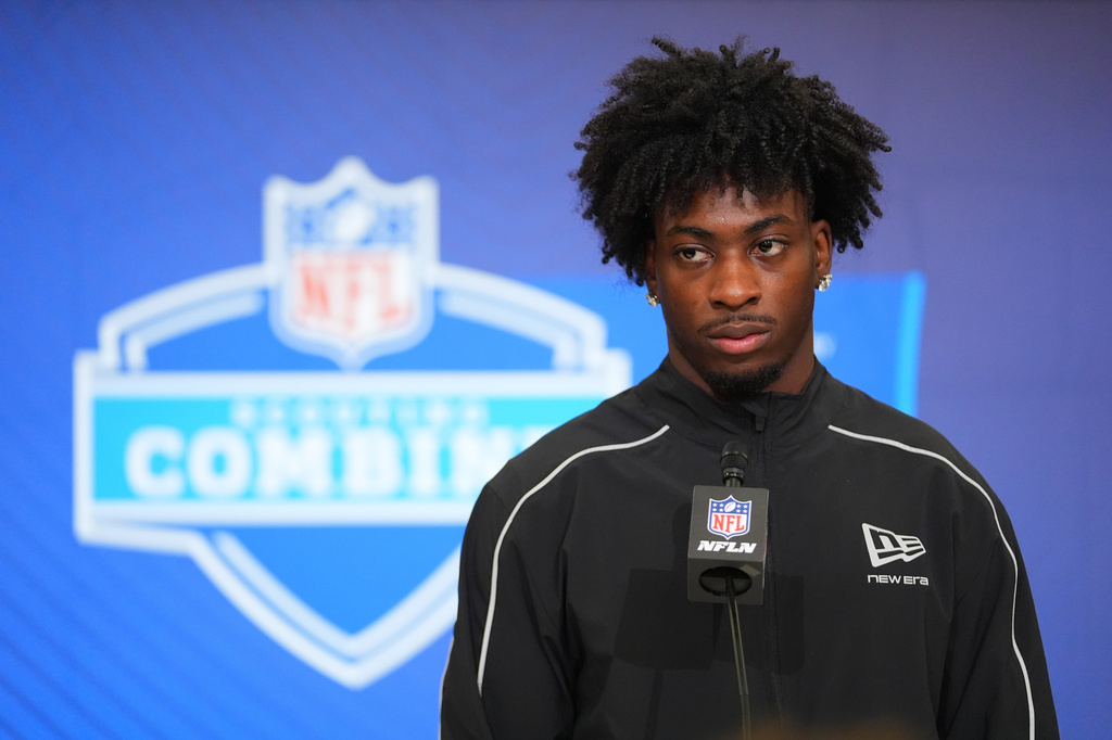 FILE - Georgia wide receiver Zachariah Branch speaks during a news conference at the NFL football scouting combine in Indianapolis, Feb. 27, 2026. (AP Photo/Julio Cortez, File)