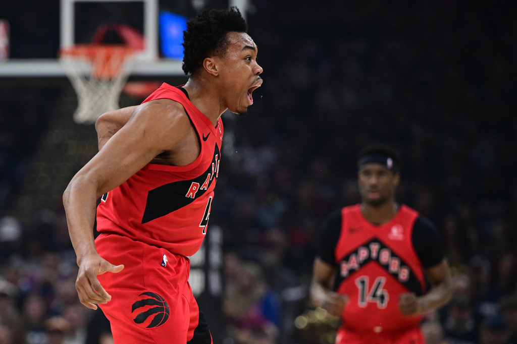 Toronto Raptors forward Scottie Barnes reacts after a foul was not called in his favor during the first half in Game 1 of a first-round NBA playoff basketball series against the Cleveland Cavaliers, Saturday, April 18, 2026, In Cleveland. (AP Photo/David Dermer)