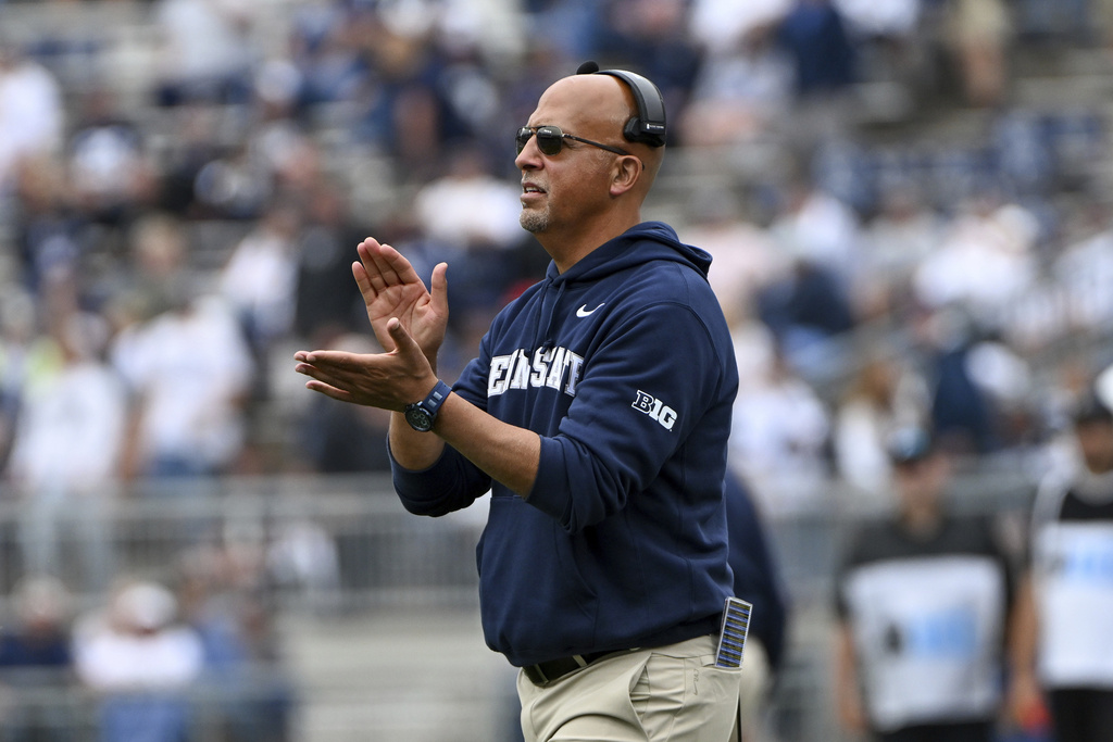 Penn State head coach James Franklin reacts during the fourth quarter of an NCAA college football game against Florida International, Saturday, Sept. 6, 2025, in State College, Pa. (AP Photo/Barry Reeger)