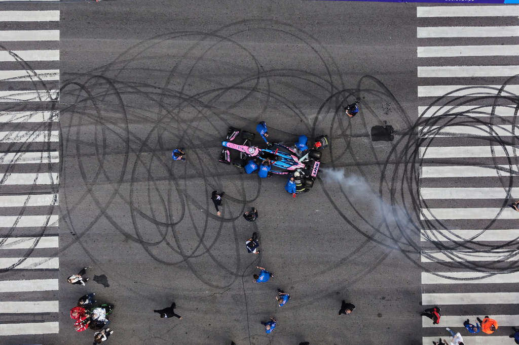 FILE - Argentine Alpine Formula 1 driver Franco Colapinto drives during a demonstration run in Buenos Aires, Argentina, Sunday, April 26, 2026. (AP Photo/Rodrigo Abd, File)