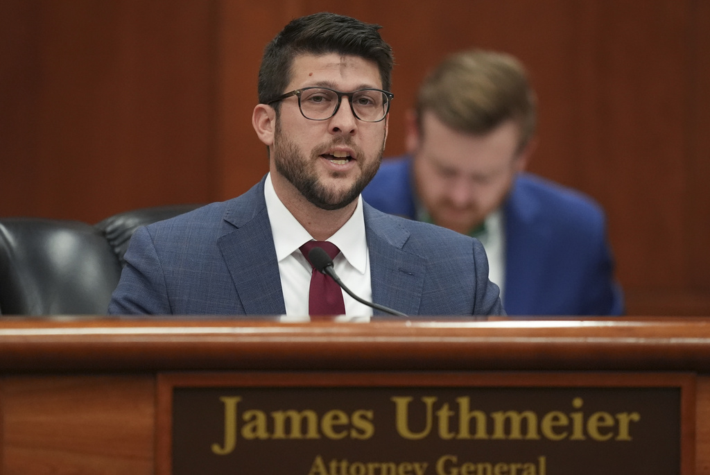 FILE - Florida Attorney General James Uthmeier speaks during a meeting between Gov. Ron DeSantis and the state cabinet at the Florida capitol in Tallahassee, Fla., Wednesday, March 5, 2025. (AP Photo/Rebecca Blackwell, file)