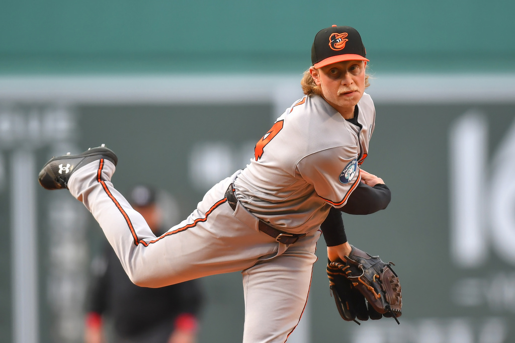 Baltimore Orioles' Shane Baz follows through on a pitch to a Boston Red Sox batter in the first inning of a baseball game, Tuesday, June 2, 2026, in Boston. (AP Photo/Steven Senne)
