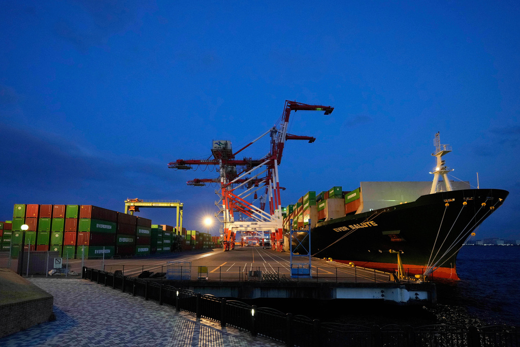 FILE - A container ship is docked at a cargo terminal in Tokyo, April 9, 2025. (AP Photo/Hiro Komae, File)