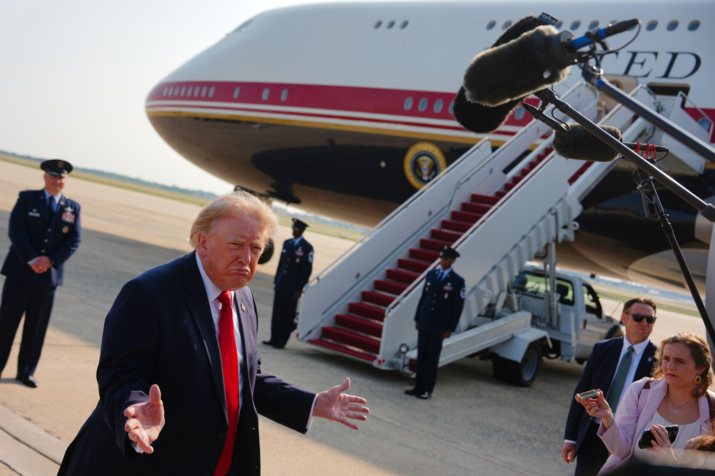 President Donald Trump speaks to reporters before boarding Air Force One, Wednesday, July 1, 2026, at Joint Base Andrews, Md. (AP Photo/Julia Demaree Nikhinson)