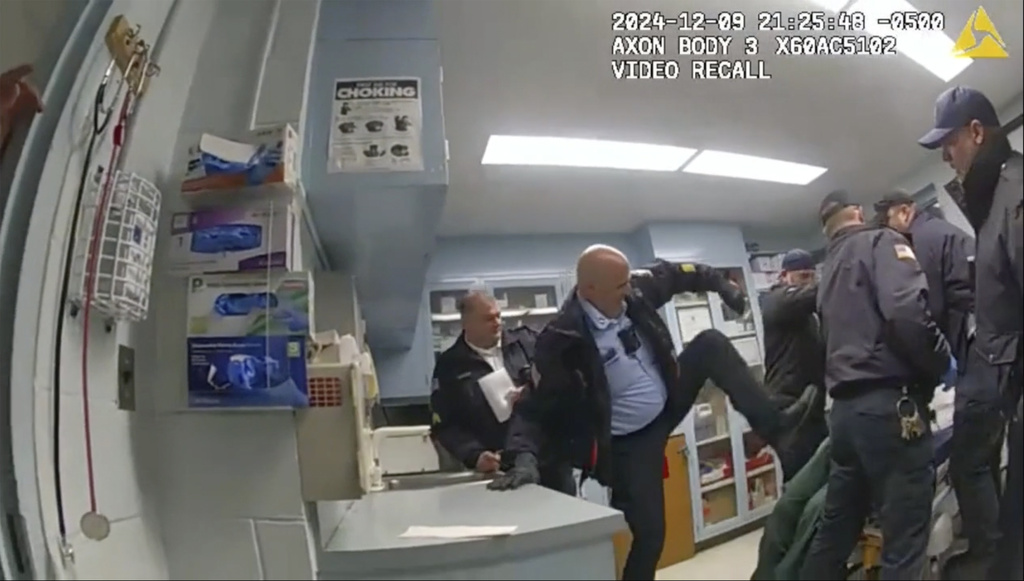 FILE - This image provided by the New York State Attorney General office shows body camera footage of correction officers beating a handcuffed man, Robert Brooks, at the Marcy Correctional Facility in Oneida County, N.Y., on Dec. 9, 2024. (New York State Attorney General office via AP, File)