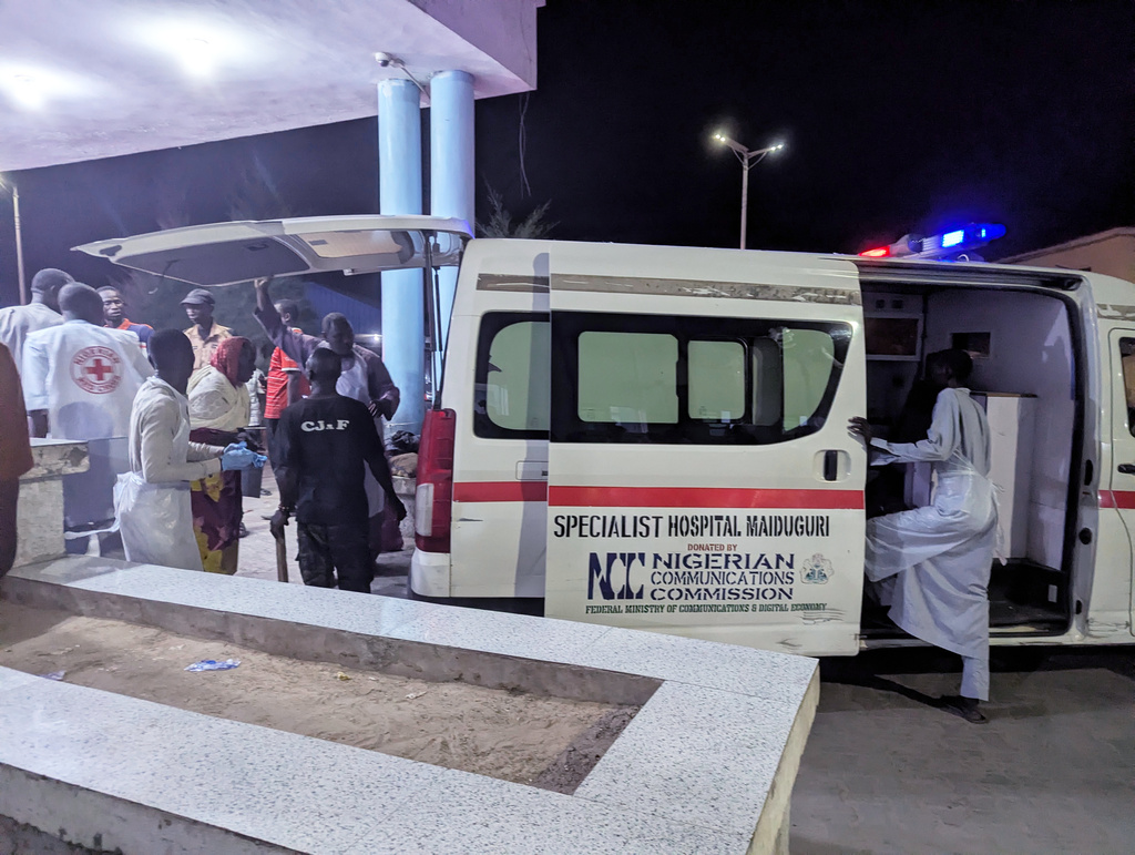 An ambulance is seen at the hospital following a bomb blast in Maiduguri, Nigeria, Monday, March 16, 2026. (AP Photo )