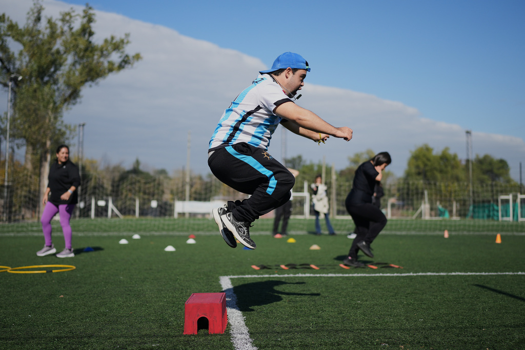 Ramito Fardelli exercises at a nonprofit center that supports people with disabilities, in Moreno on the outskirts of Buenos Aires, Argentina, Tuesday, May 5, 2026. (AP Photo/Natacha Pisarenko)